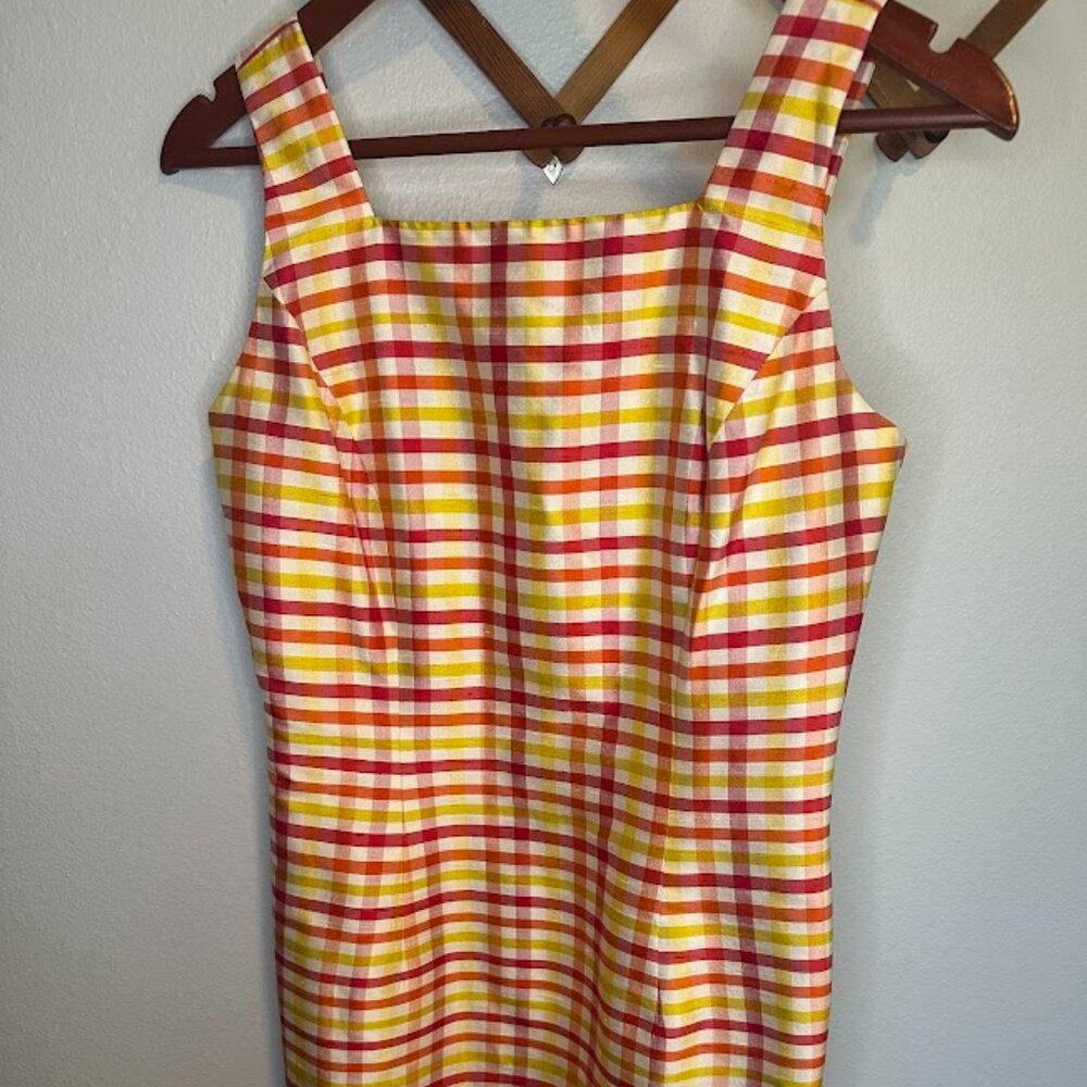 VINTAGE 90s Ann Taylor 100% Silk Red Orange Yellow Gingham Dress Size 2